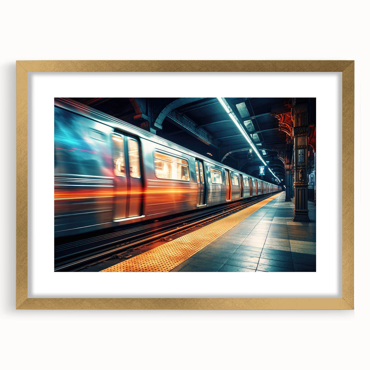 Extra large abstract art print depicting a textured subway scene in muted earth tones, framed in gold.