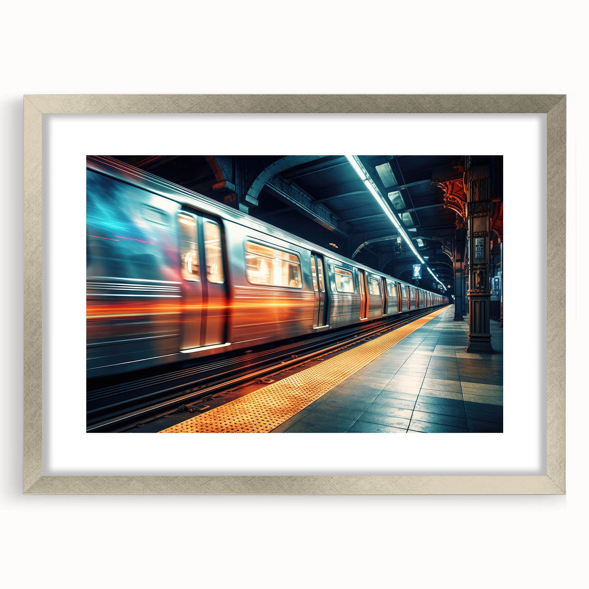 Textured abstract art print of a subway, featuring muted gray and silver tones on a framed poster.