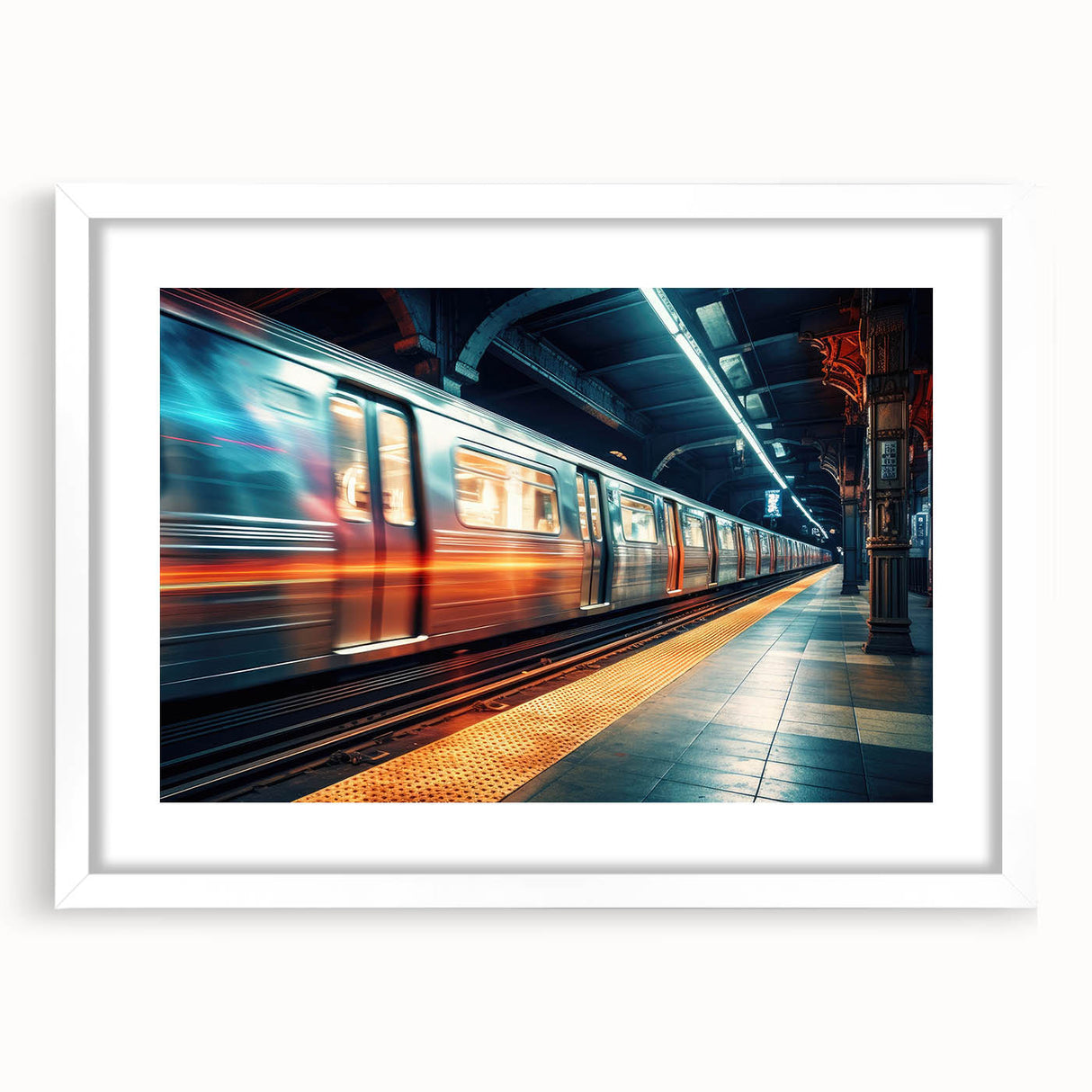 Abstract art print of a subway in muted grays and blues, framed in white, ideal for modern bedroom or dining room decor.