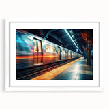 Abstract art print of a subway in muted grays and blues, framed in white, ideal for modern bedroom or dining room decor.