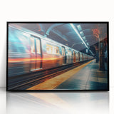 Large abstract wall art depicting a bustling subway scene in muted gray and blue tones, framed in black acrylic.