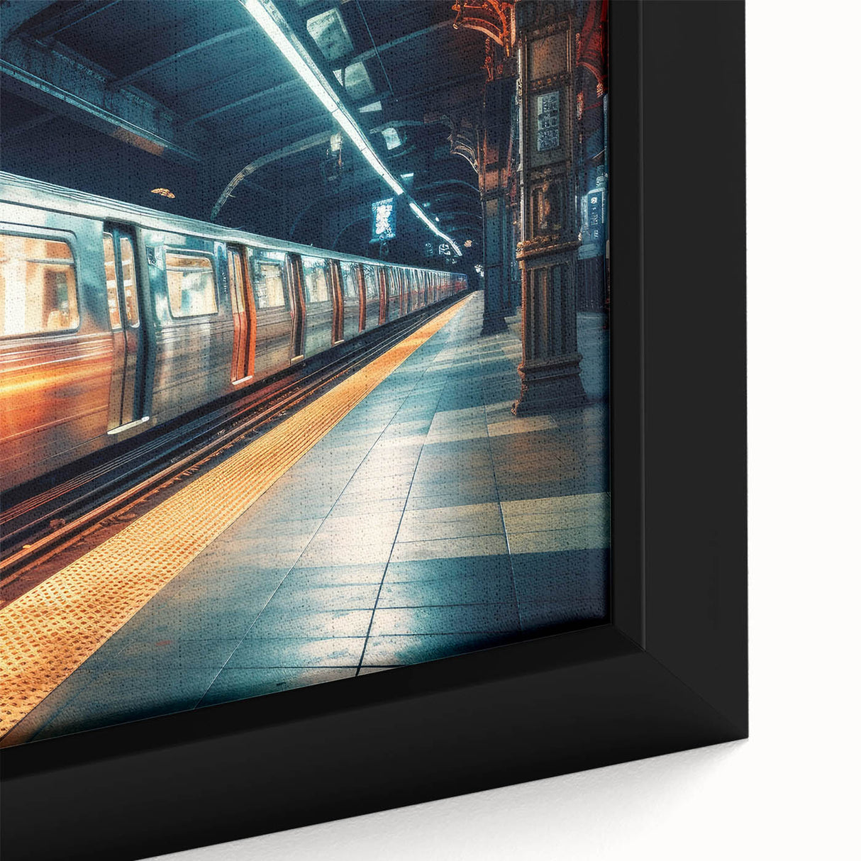 Extra large framed canvas featuring a detailed black subway design with colorful, textured accents.