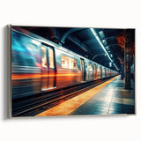 Framed canvas featuring a vintage poster of a colorful subway landscape, ideal for adding a retro touch to any living space.