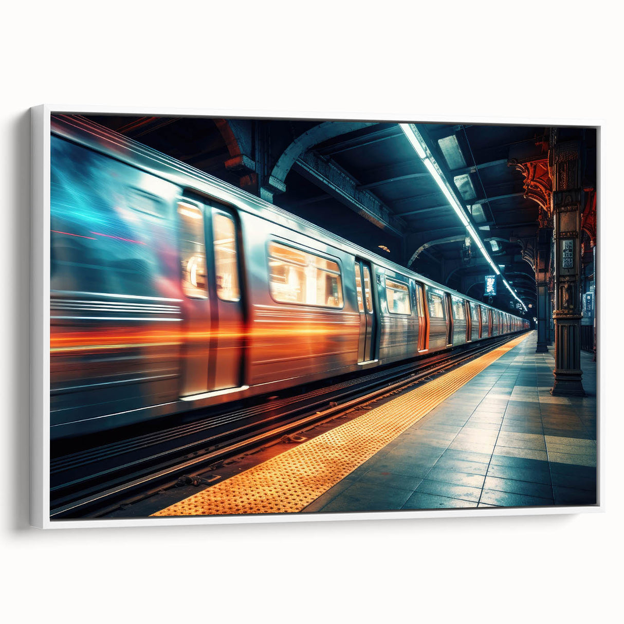 Vintage poster art of a subway scene in vibrant colors on a large framed canvas, ideal for living room decor.
