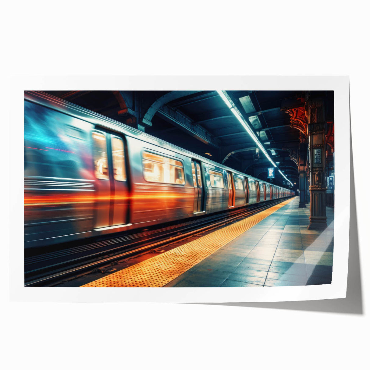 Rolled print of a subway station scene in muted gray and blue tones, suitable for art wall dining room.