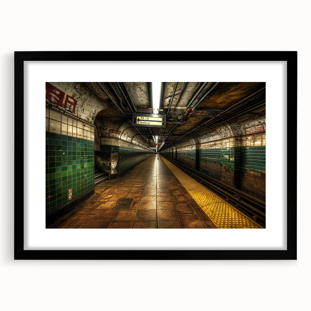 Abstract art print of a colorful subway scene on a black-framed, extra large canvas, ideal for living room decor.