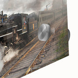 Mid-century modernist train depiction in vibrant colors on acrylic glass, suitable as dining room art.