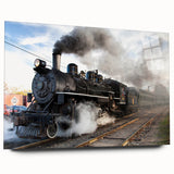 Side view of a large abstract train print on acrylic glass, featuring deep blue and gray tones.