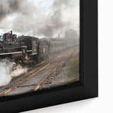 Black wall art featuring a textured train design in colorful art style on an extra-large framed canvas.