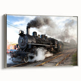 Framed canvas of a vintage train in motion, rendered in colorful art style on a black background.