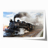 Vintage train illustration in muted earth tones on a rolled print, suitable for art wall dining room.
