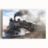 Black and white photograph of a vintage train on stretched canvas, ideal for kitchen wall art or bedroom decor.