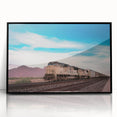 Large abstract wall art of a stylized train in black and white, framed acrylic, ideal for modern office decor.
