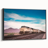 Black and white vintage poster art of a train, printed on framed canvas, suitable for bedroom wall decor.
