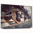 Acrylic print of a colorful abstract train, featuring a blend of vivid blues and reds.