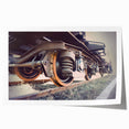 Vintage train illustration in muted earth tones on rolled canvas, suitable for dining room or bathroom decor.