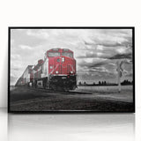 Large abstract wall art featuring a stylized train in mid-century modernist style, with muted earth tones on framed acrylic.