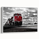 Vintage poster art of a colorful train on a black background, framed canvas, ideal for living room decor.