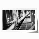 Vintage train illustration in muted earth tones on a rolled canvas, suitable for art wall dining room.
