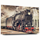 Acrylic print of a large abstract depiction of a train, using vibrant blue and orange hues.