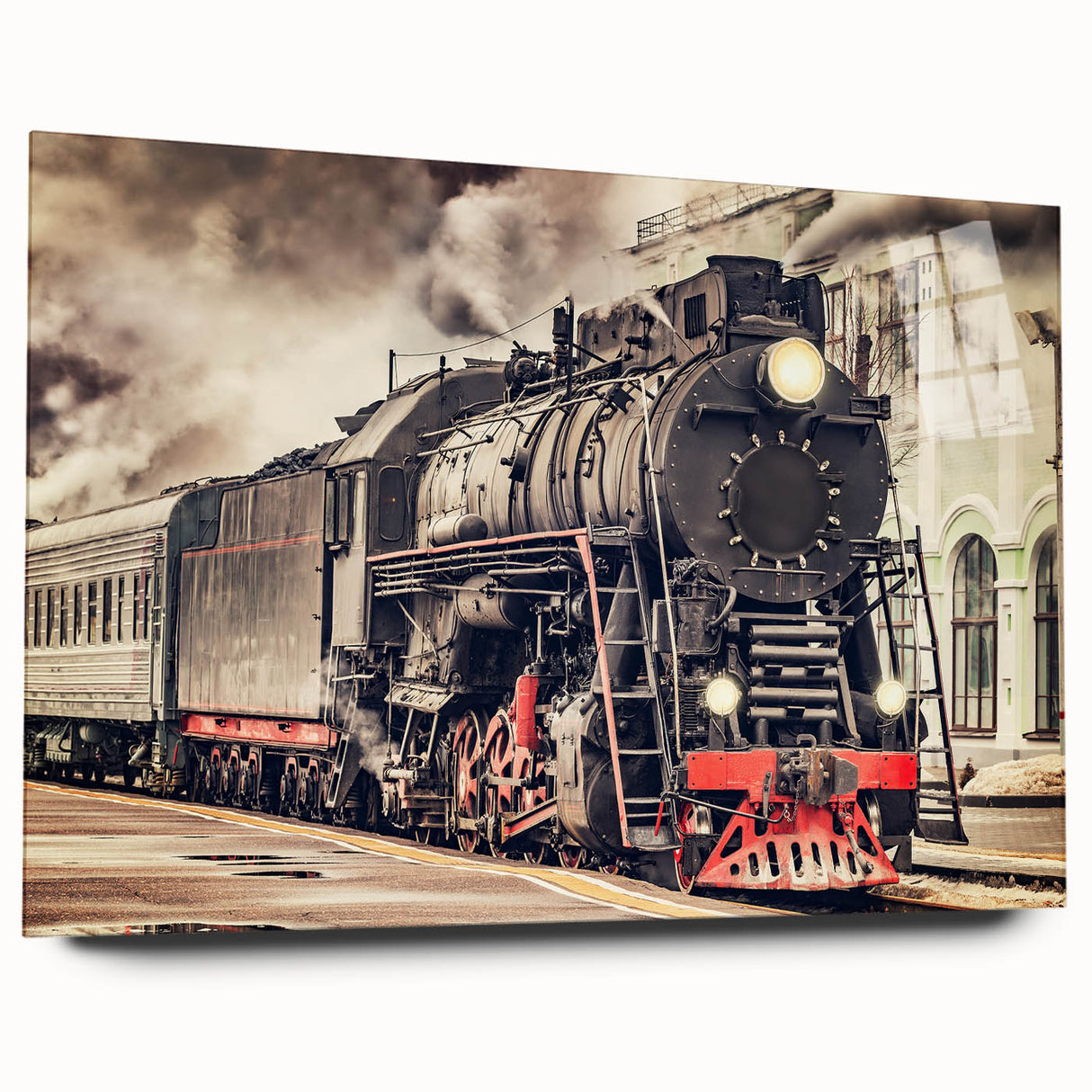 Large abstract wall art of a train in muted gray tones on acrylic glass, ideal for bedroom or dining room decor.