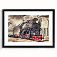 Abstract art print of a colorful train on textured canvas, framed in black, ideal for extra large living room wall art.