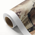 Art deco style train illustration in pastel shades on a rolled canvas, ideal for nursery wall art.