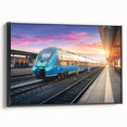 Black and white vintage train landscape on framed canvas, ideal for bedroom wall art.