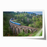 Vintage train illustration in muted earth tones on a rolled print, suitable for art wall dining room.