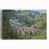 Black and white photograph of a vintage train on stretched canvas, ideal for kitchen wall art.