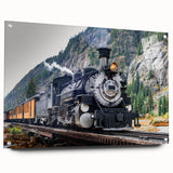 Side view of a train in muted gray and blue tones on acrylic glass, suited for bedroom or dining room decor.