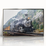 Mid-century modernist train illustration in muted gray and silver hues on a framed acrylic, ideal for nursery wall art.