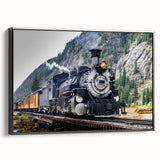 Black and white framed canvas of a vintage train, ideal for bedroom wall decor.