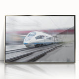 Mid-century modernist art featuring a train in muted earth tones on a silver-framed acrylic, suitable for nursery wall art.