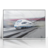 Art deco poster of a vintage train in muted blues and grays, acrylic print framed in white, suitable for nursery wall art.
