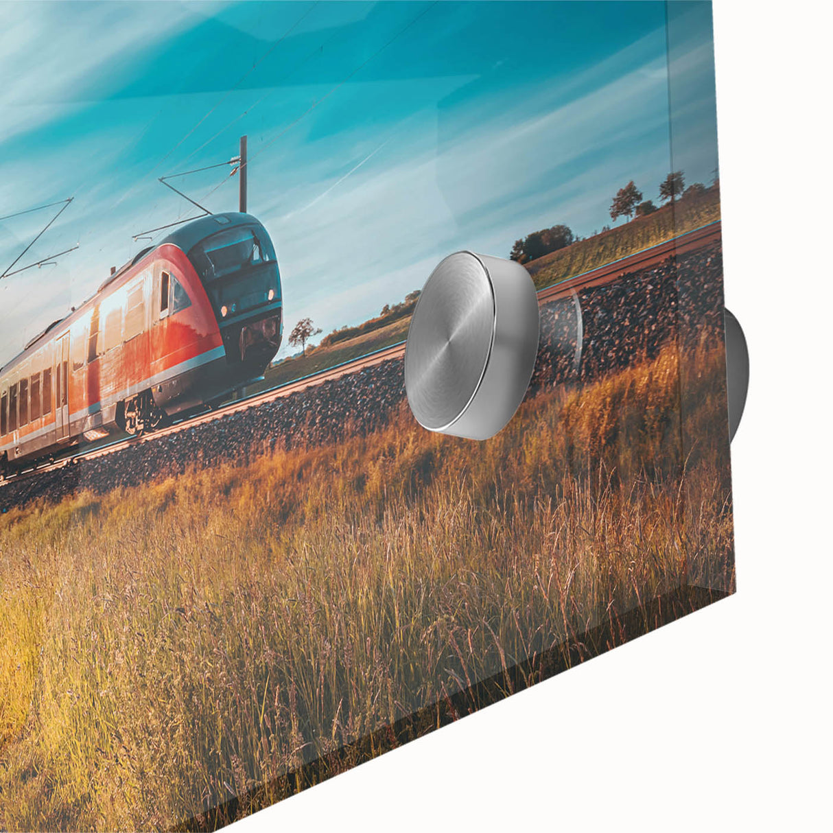 Mid-century modernist train illustration in muted earth tones on acrylic glass, suitable for dining room art.
