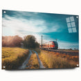 Acrylic print of a side-view train in muted metallic tones, suitable for bedroom or dining room decor.