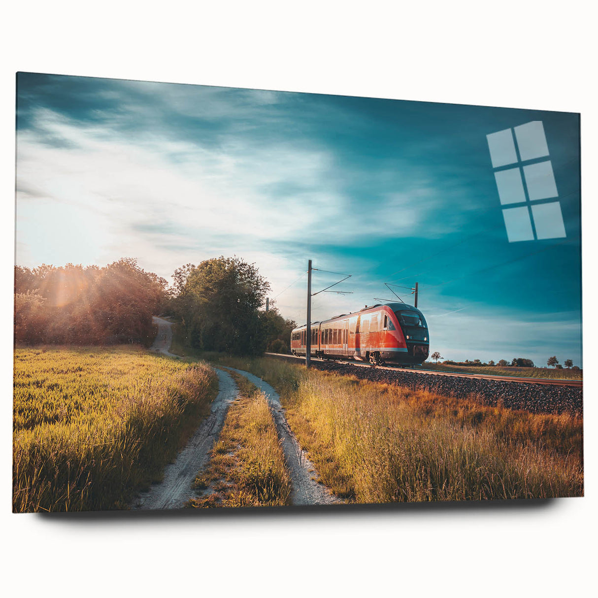 Side view of a large abstract train print in muted gray, perfect for bedroom or dining room wall art, on acrylic glass.