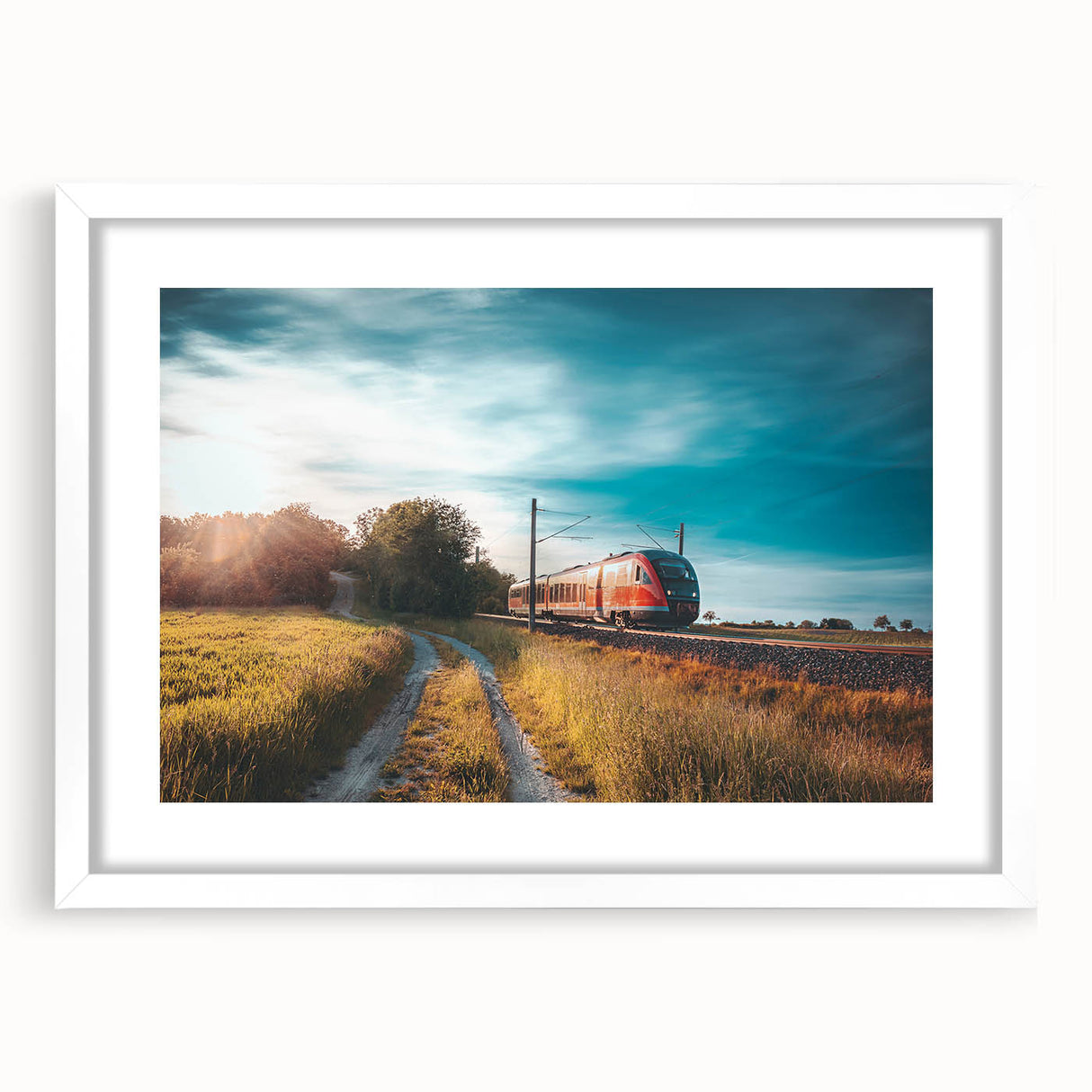 Abstract art print of a stylized train in muted gray and blue tones on a white framed poster, ideal for dining room decor.