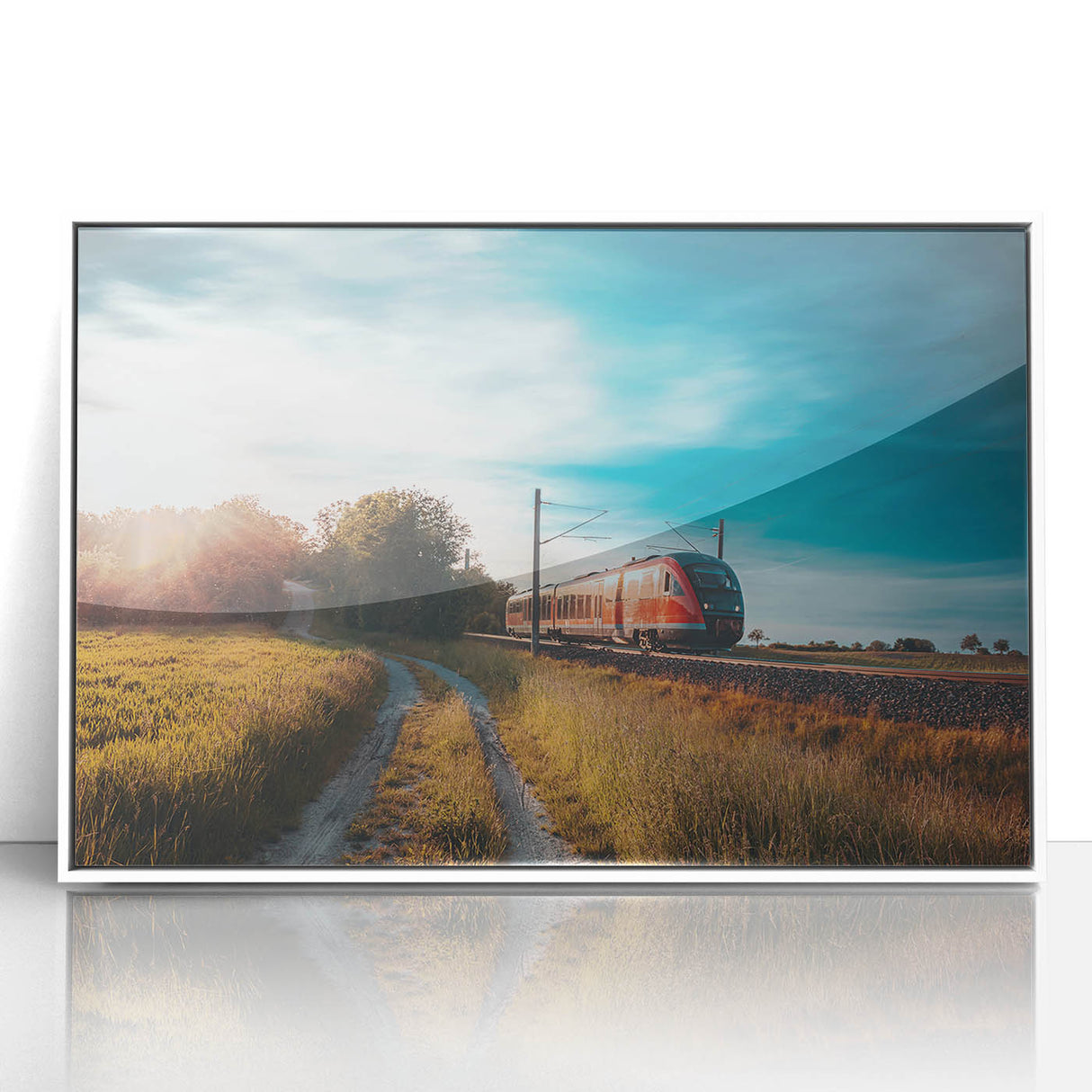 Framed acrylic print of an art deco style train in black and white, ideal for modern nursery wall art.