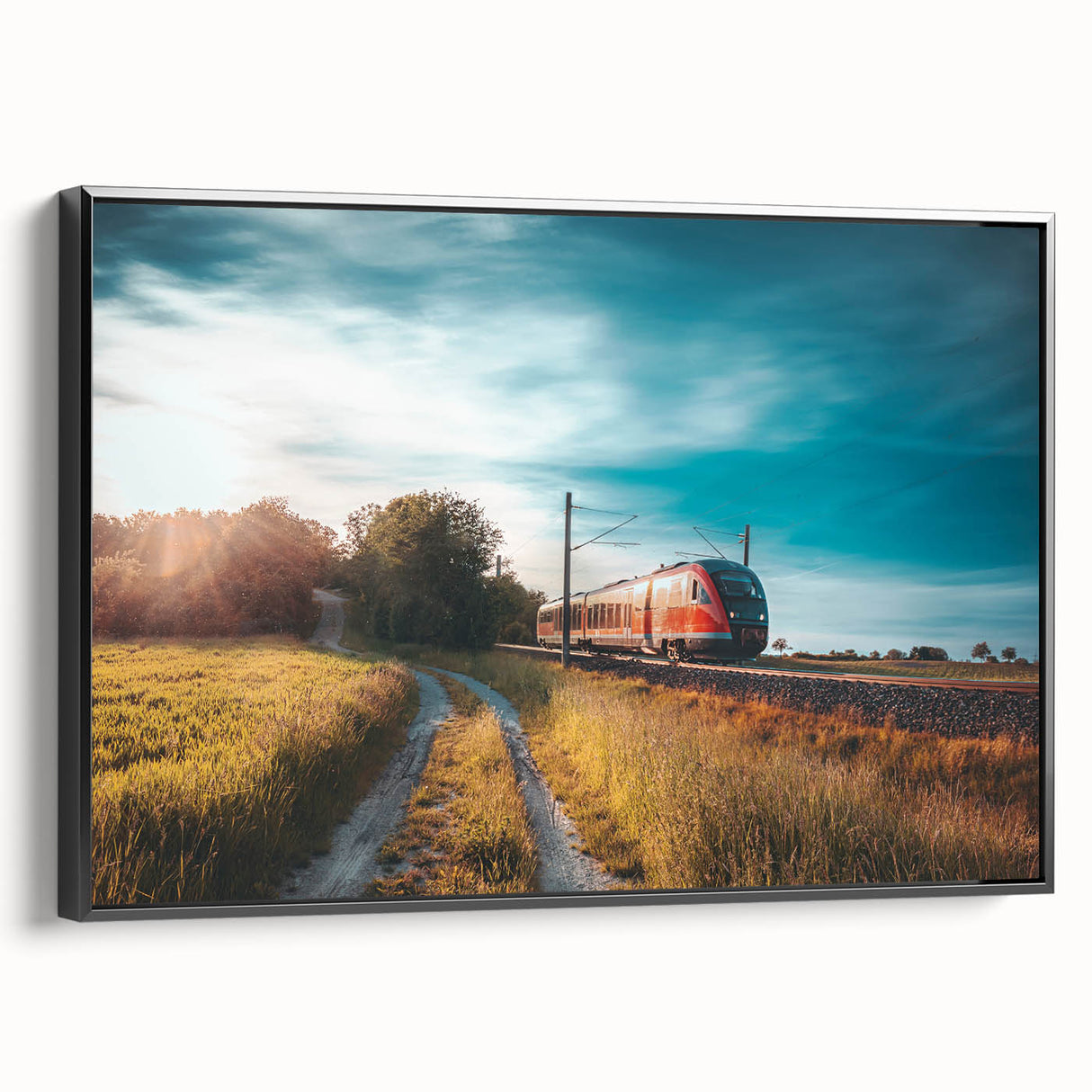 Side view of a vintage train in black and white on framed canvas, suitable for bedroom wall decor.