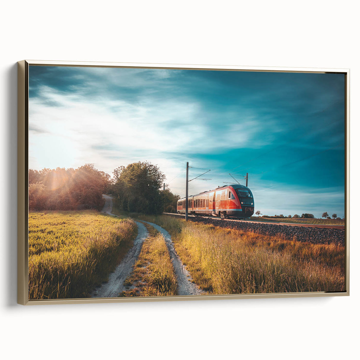 Framed canvas featuring a vintage black train on a landscape background, ideal for bedroom wall art.