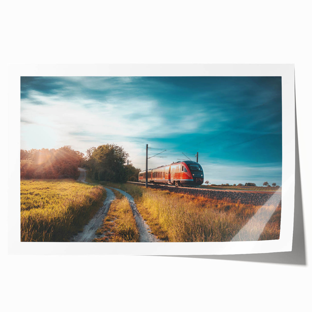 Extra large rolled print of a vintage train, featuring muted earth tones, ideal for art wall dining room.