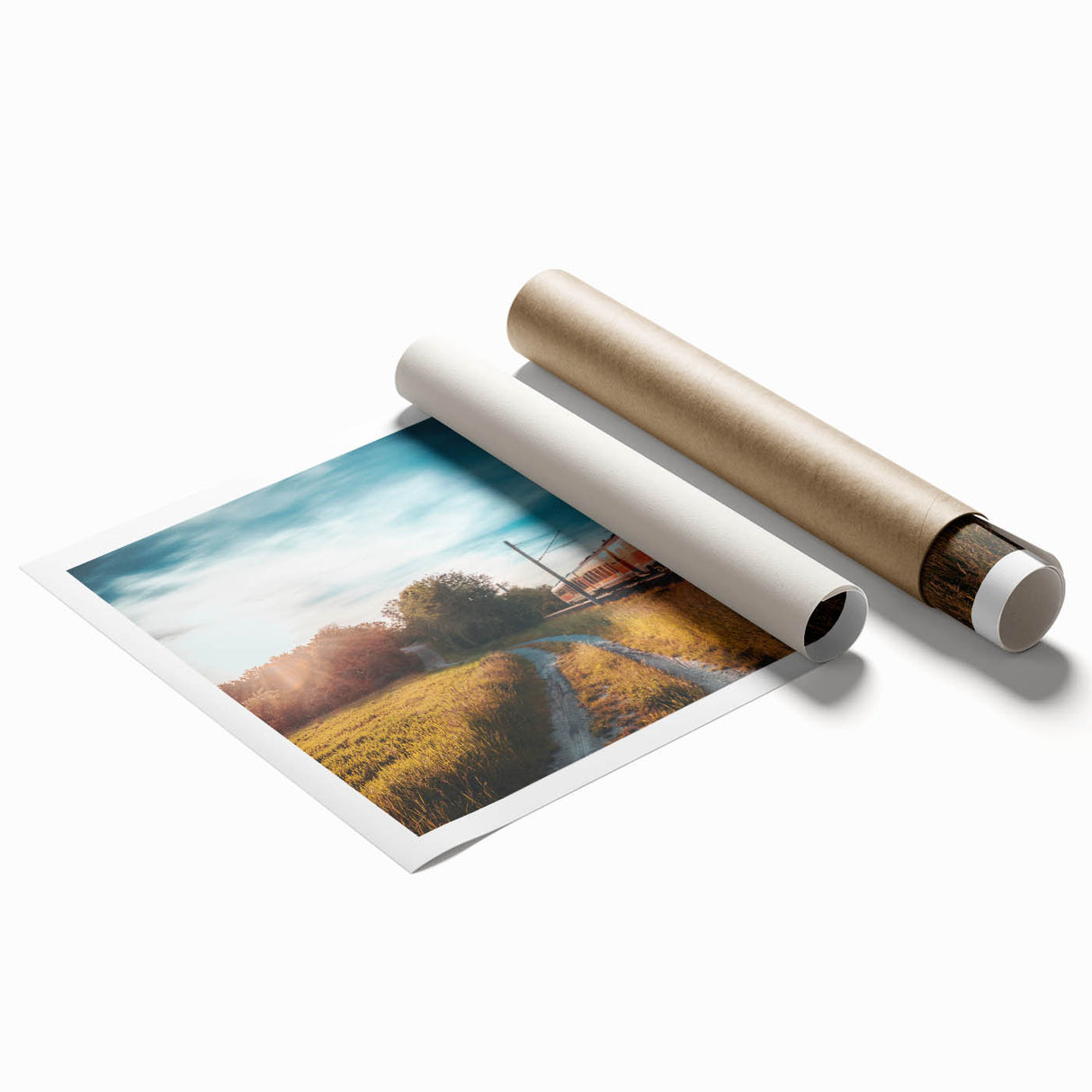 Extra large rolled print of a vintage train in muted sepia tones, ideal for classy bathroom wall art.