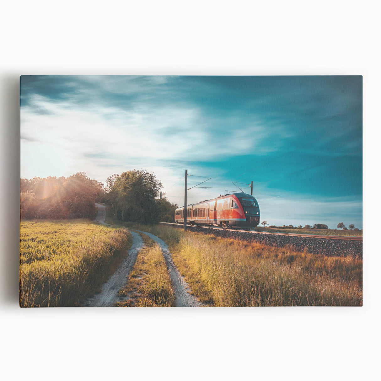 Black and white photograph of a vintage train on stretched canvas, ideal for kitchen wall art.