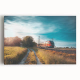 Black and white photograph of a vintage train on stretched canvas, ideal for kitchen wall art.