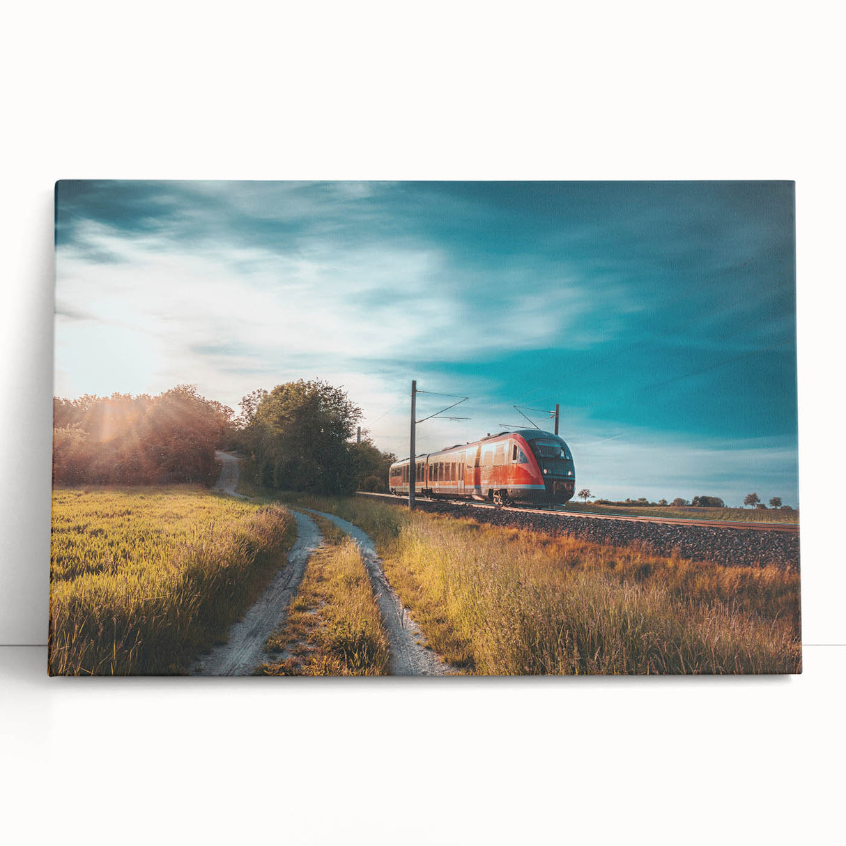 Black and white photo of a vintage train on stretched canvas, suitable as large kitchen or bedroom wall art.