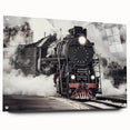 Side view of a train in motion depicted in vivid blue and gray tones on acrylic glass.