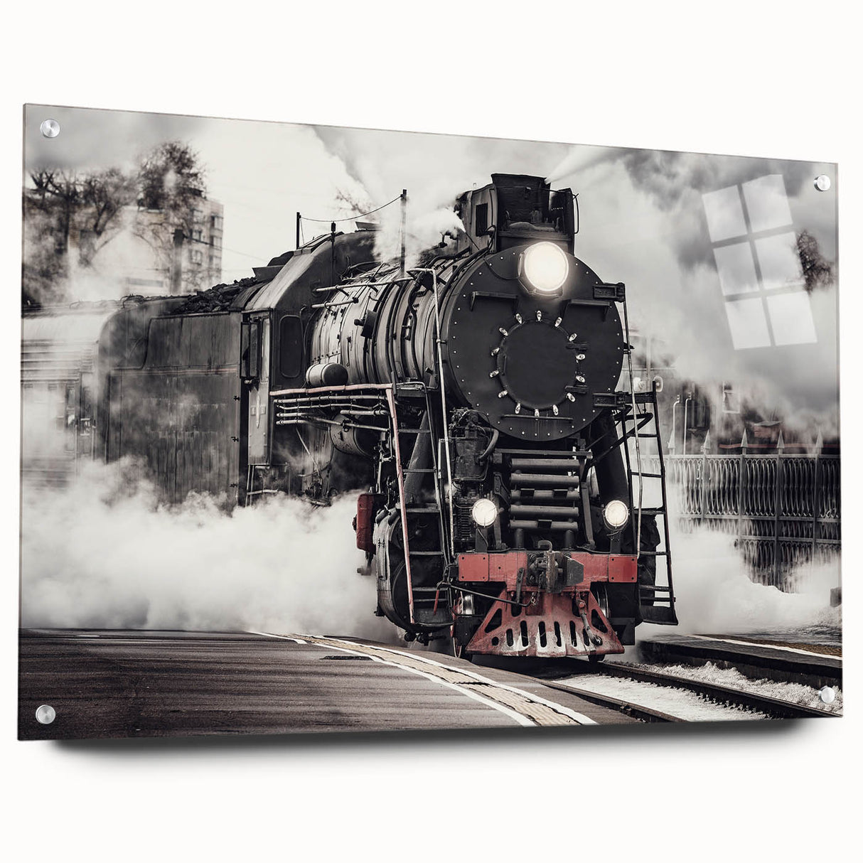 Side view of a train in motion depicted in vivid blue and gray tones on acrylic glass.