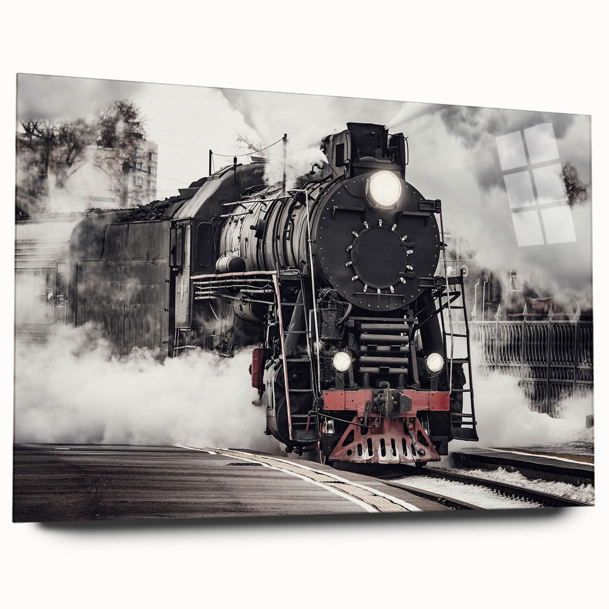 Side view of a train in muted gray and blue tones on acrylic glass, suitable for bedroom or dining room decor.